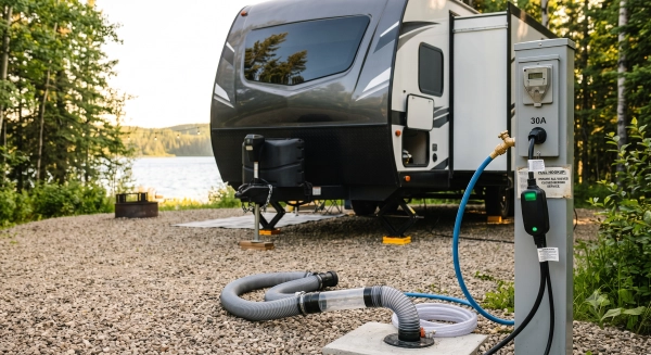 Understanding RV hookups at a full-service campsite near Edmonton with power, water, and sewer connections.